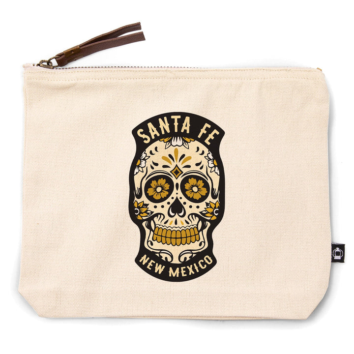 Santa Fe, New Mexico, Sugar Skull and Flower Pattern (Black and Gold),, Organic Cotton Zipper Pouch, Go Bag Go Bag Lantern Press 