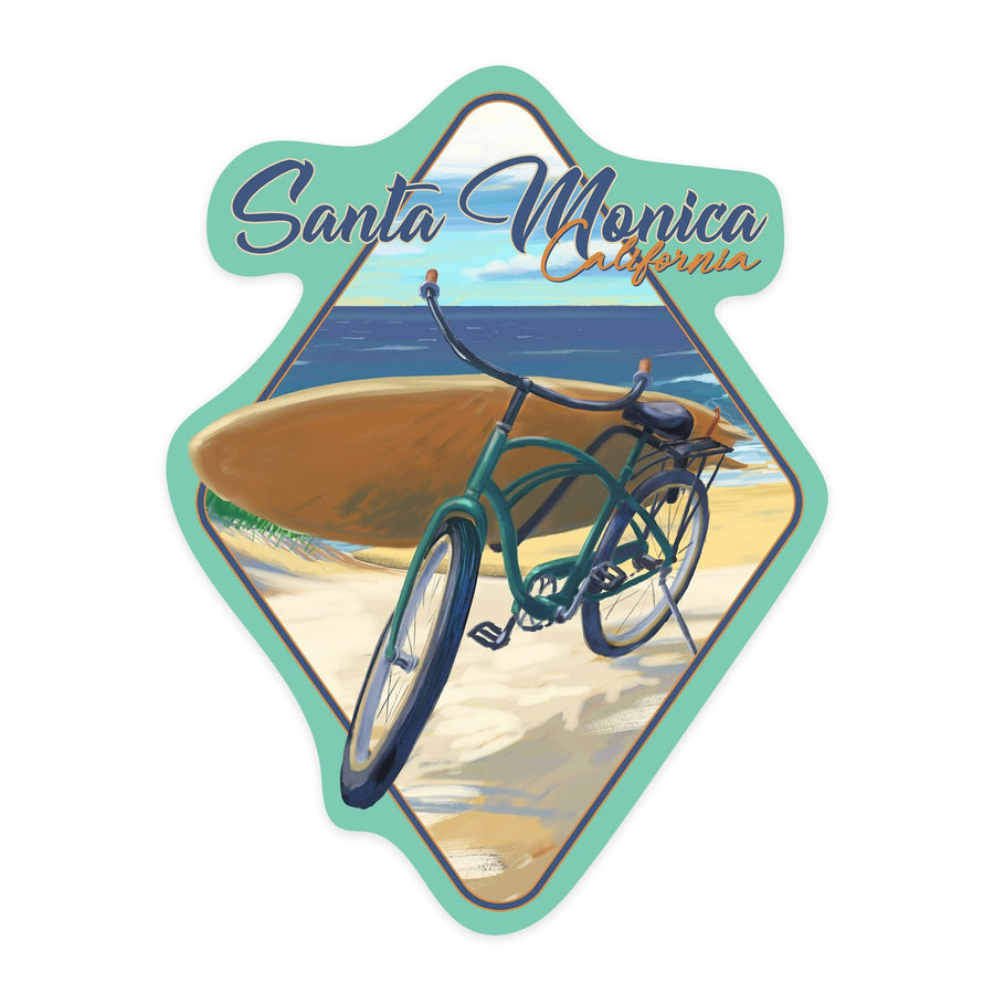 Santa Monica, California, Beach Cruiser and Surfboard, Contour, Vinyl Sticker Sticker Lantern Press 