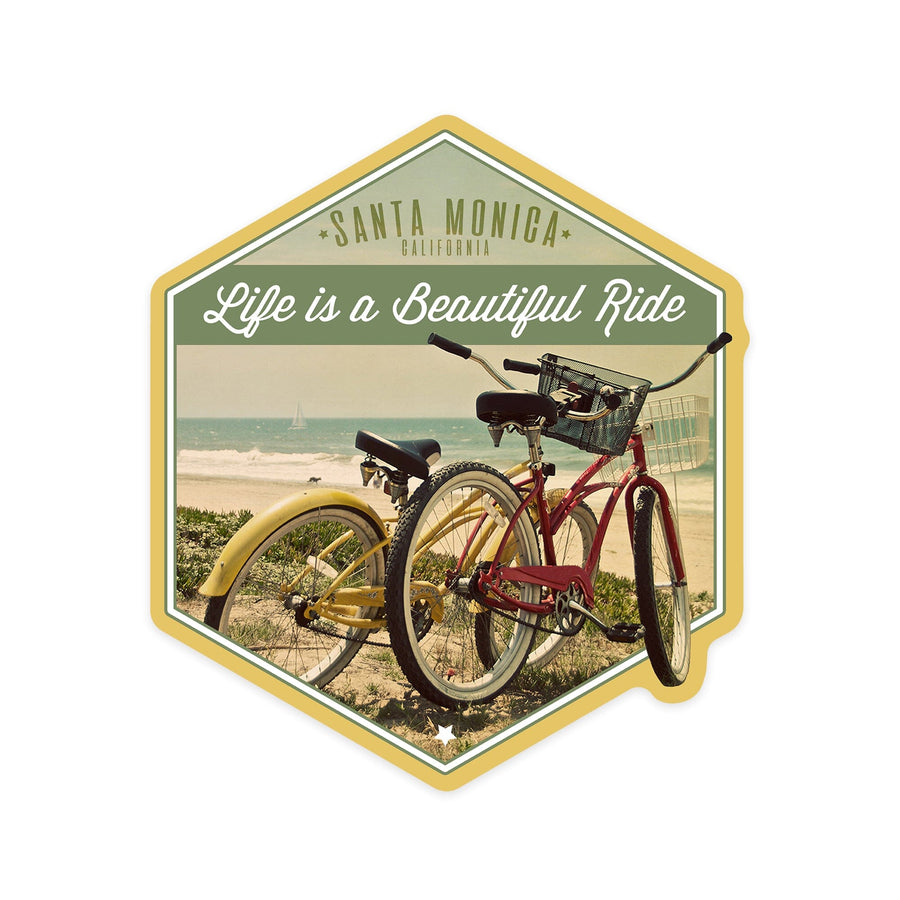 Santa Monica, California, Beach Cruiser, Sentiment, Contour, Vinyl Sticker Sticker Lantern Press 