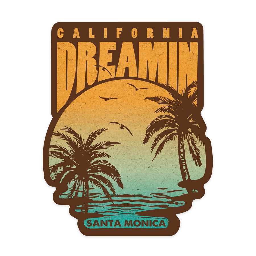 Santa Monica, California, California Dreamin', Sunset and Palms, Brown, Contour Press, Vinyl Sticker Sticker Lantern Press 