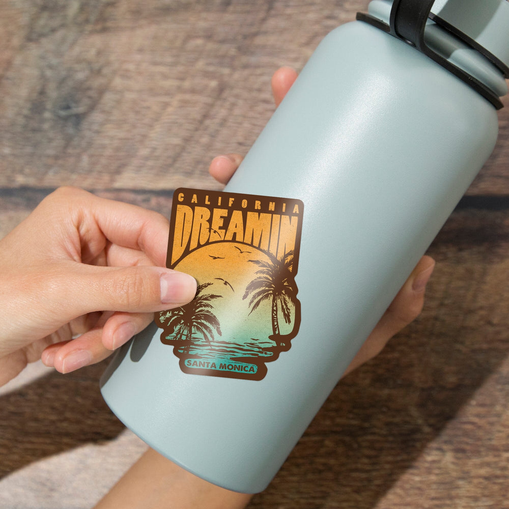 Santa Monica, California, California Dreamin', Sunset and Palms, Brown, Contour Press, Vinyl Sticker Sticker Lantern Press 