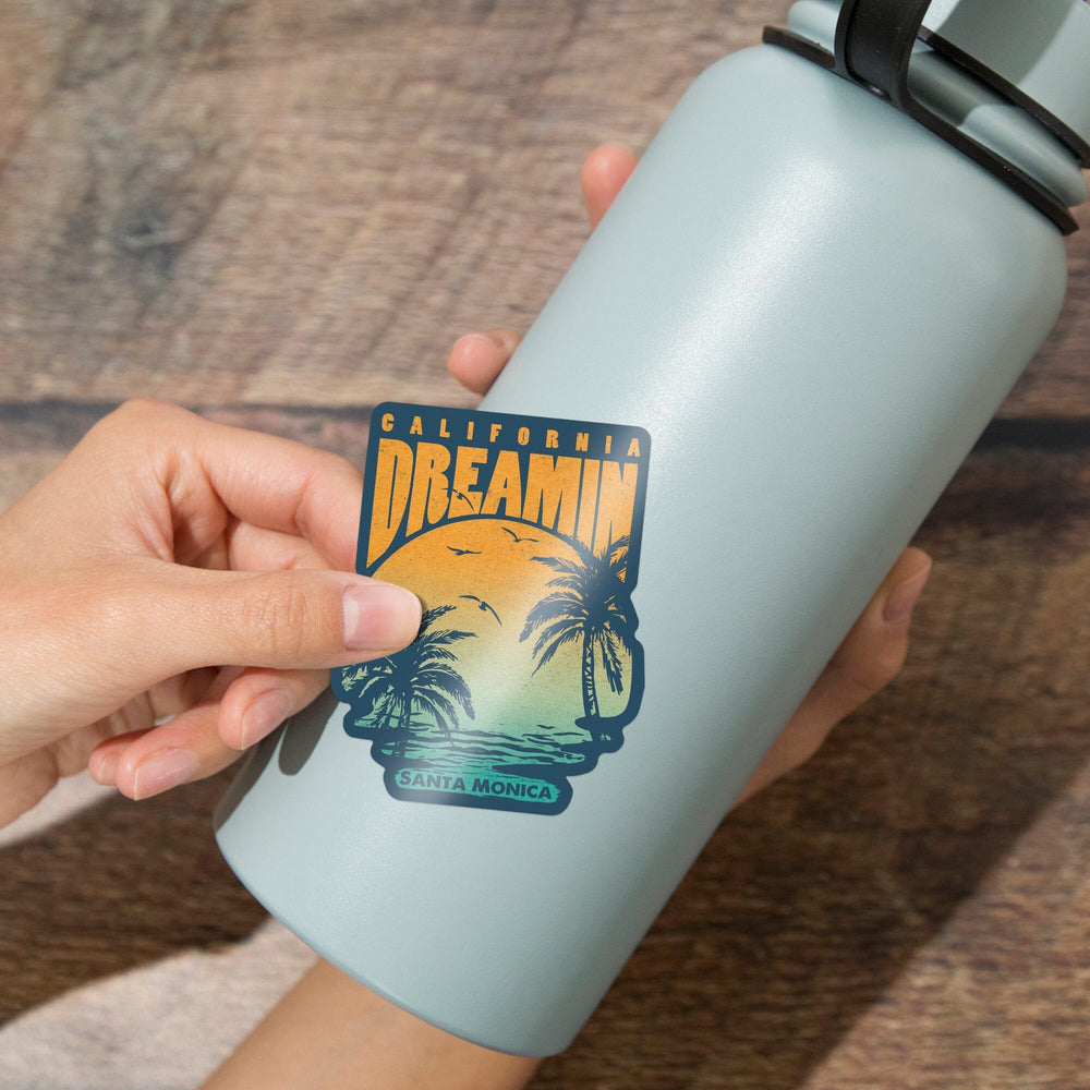 Santa Monica, California, California Dreamin', Sunset & Palm Trees, Contour, Lantern Press, Vinyl Sticker Sticker Lantern Press 