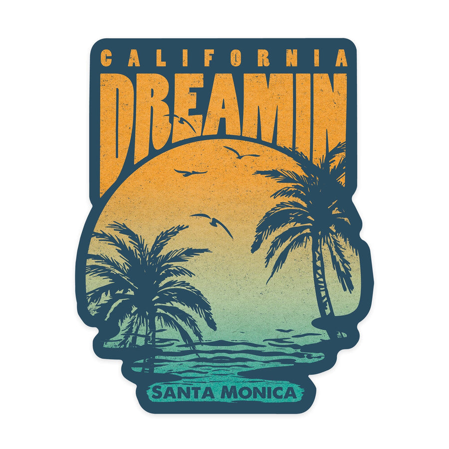 Santa Monica, California, California Dreamin', Sunset & Palm Trees, Contour, Lantern Press, Vinyl Sticker Sticker Lantern Press 