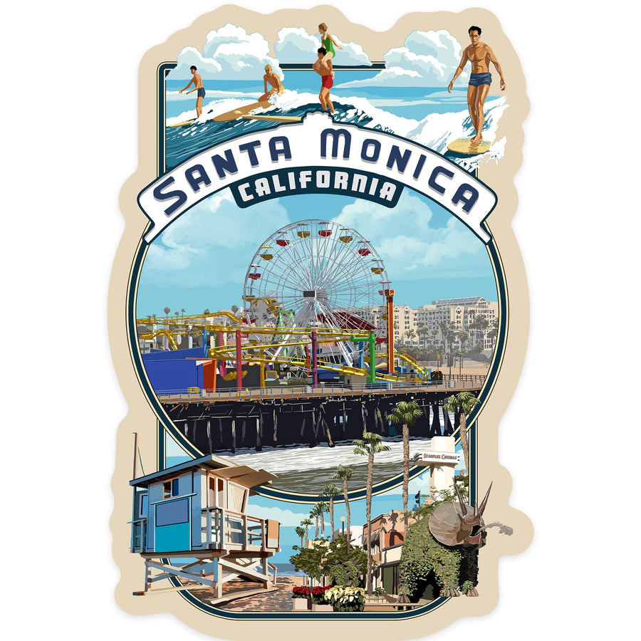 Santa Monica, California, Montage Scenes, Contour, Vinyl Sticker Sticker Lantern Press 
