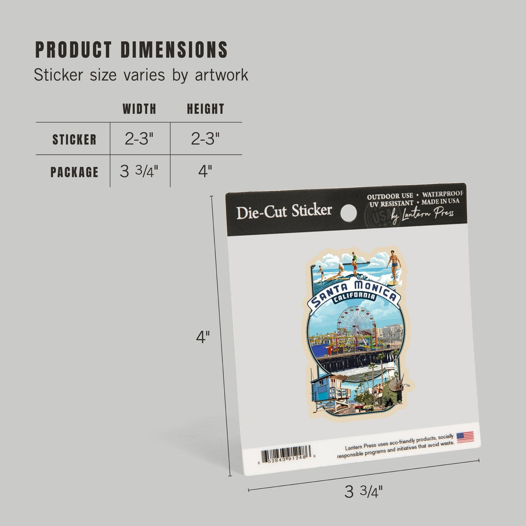 Santa Monica, California, Montage Scenes, Contour, Vinyl Sticker Sticker Lantern Press 