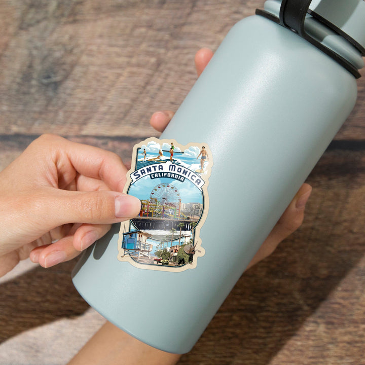 Santa Monica, California, Montage Scenes, Contour, Vinyl Sticker Sticker Lantern Press 