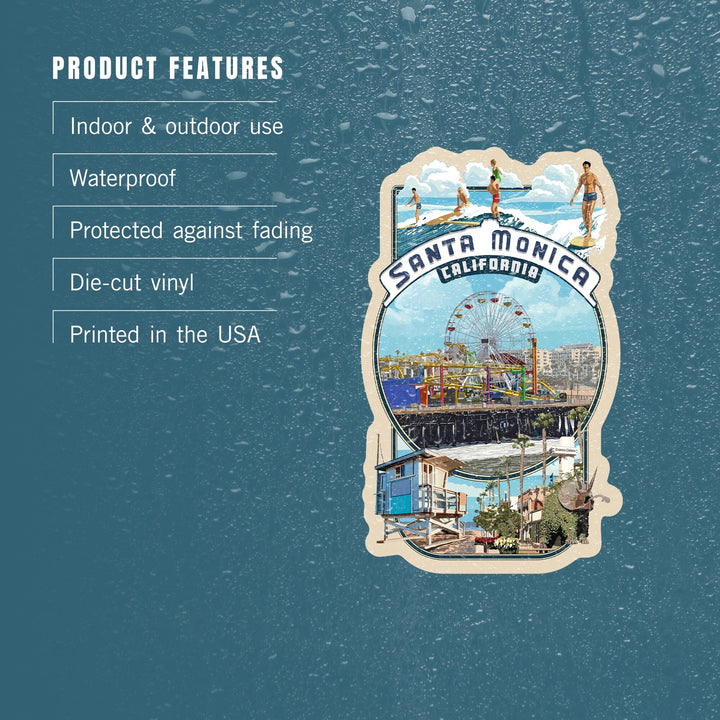 Santa Monica, California, Montage Scenes, Contour, Vinyl Sticker Sticker Lantern Press 