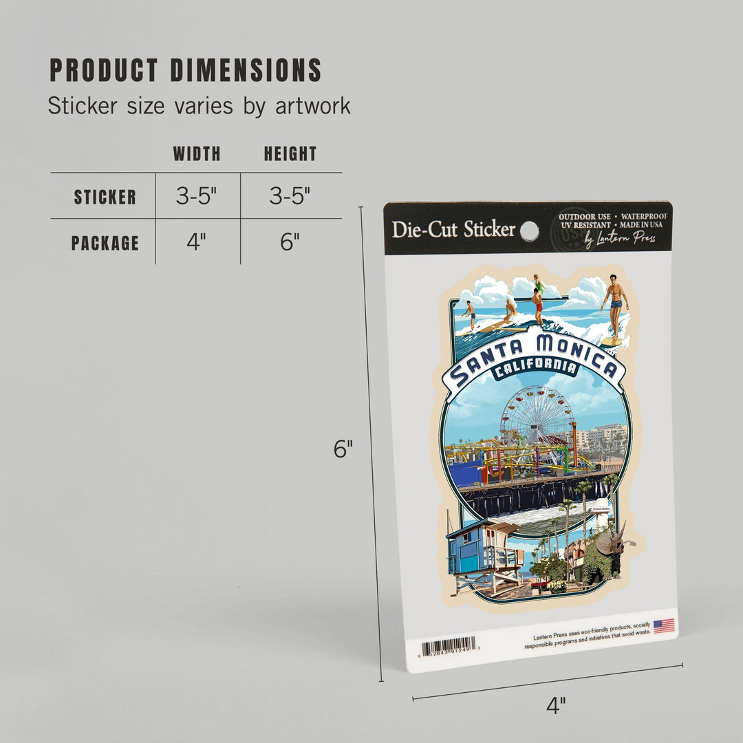 Santa Monica, California, Montage Scenes, Contour, Vinyl Sticker Sticker Lantern Press 