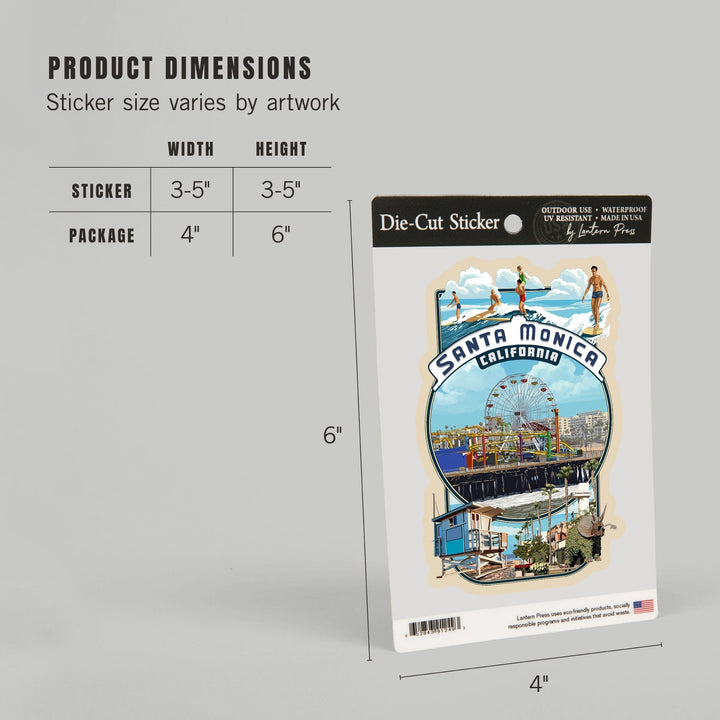 Santa Monica, California, Montage Scenes, Contour, Vinyl Sticker Sticker Lantern Press 