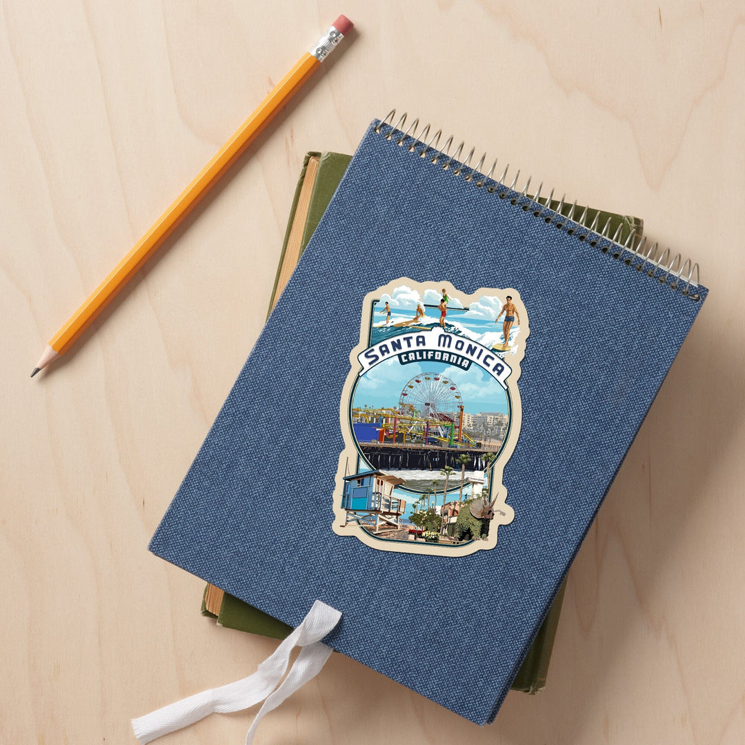 Santa Monica, California, Montage Scenes, Contour, Vinyl Sticker Sticker Lantern Press 