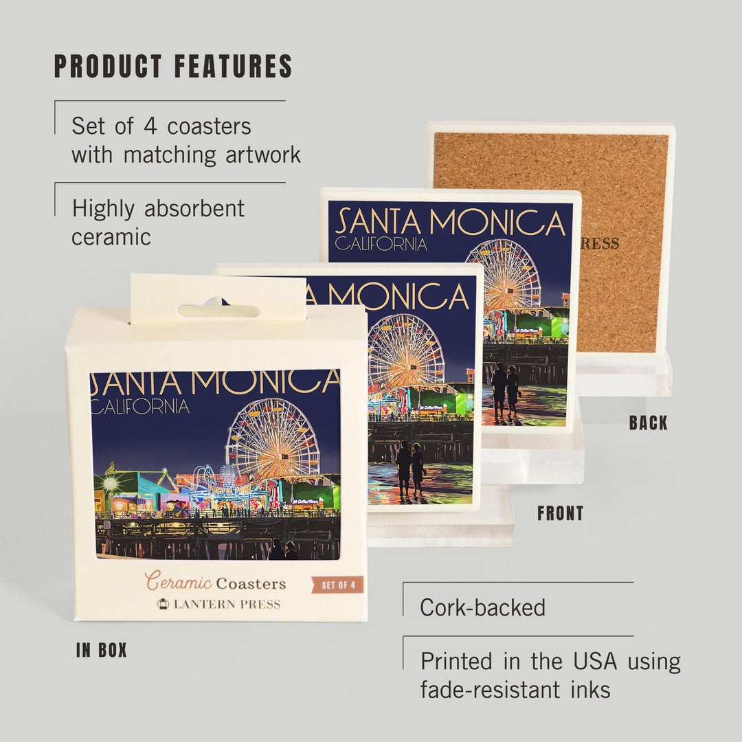 Santa Monica, California, Pier at Night, Coasters Coasters Lantern Press 