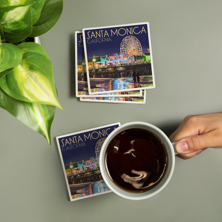 Santa Monica, California, Pier at Night, Coasters Coasters Lantern Press 
