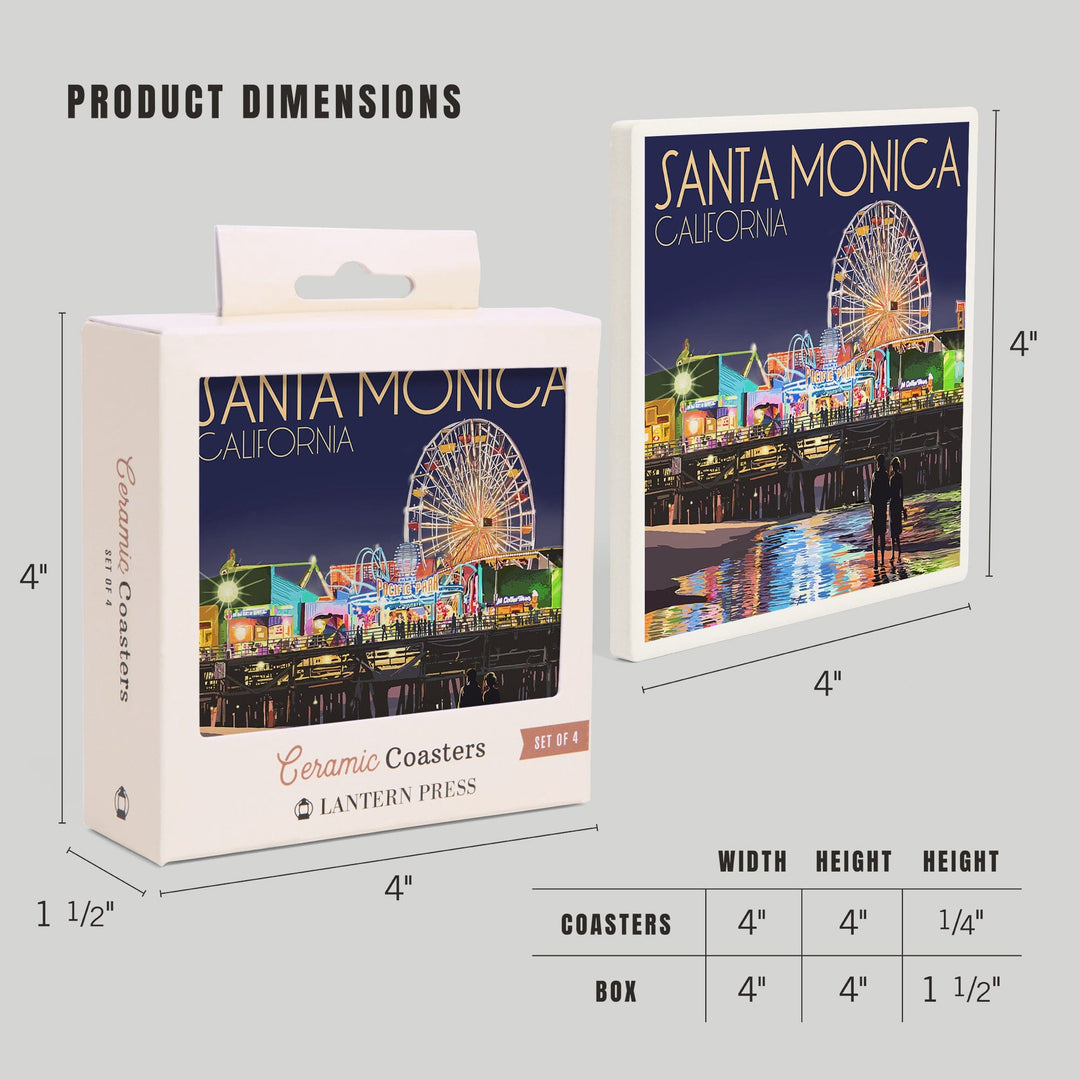 Santa Monica, California, Pier at Night, Coasters Coasters Lantern Press 