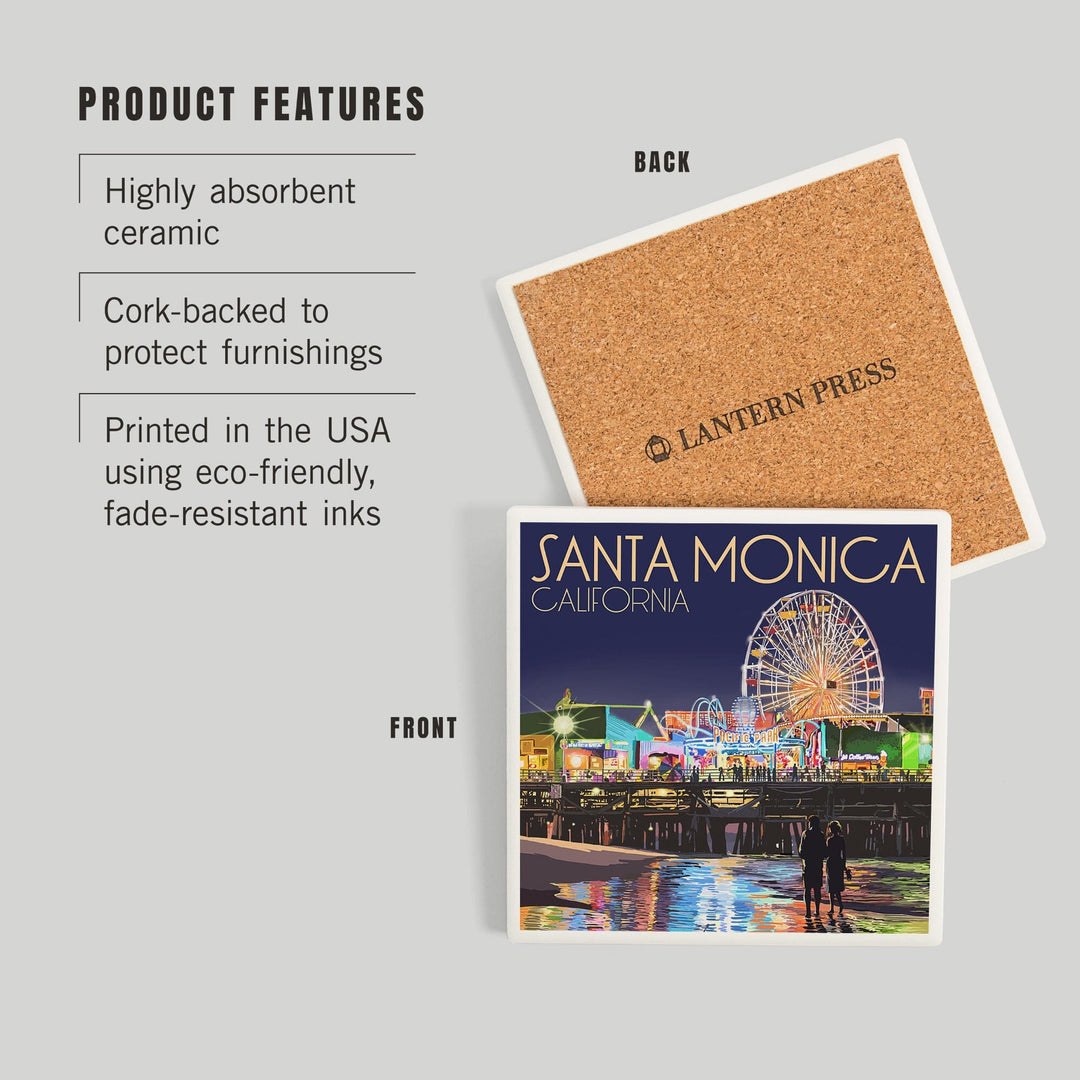 Santa Monica, California, Pier at Night, Coasters Coasters Lantern Press 