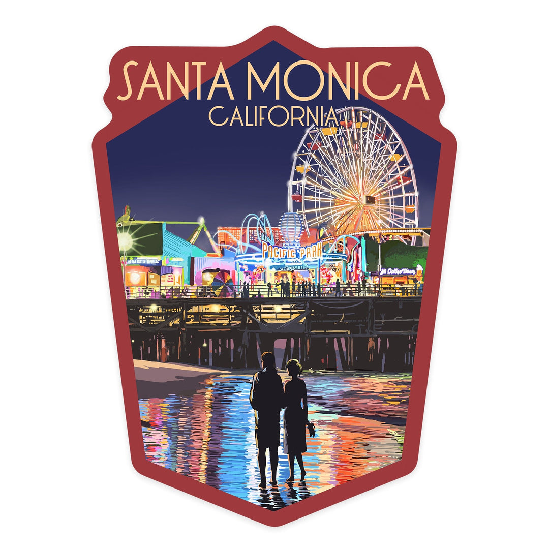 Santa Monica, California, Pier at Night, Contour, Lantern Press Artwork, Vinyl Sticker Sticker Lantern Press 