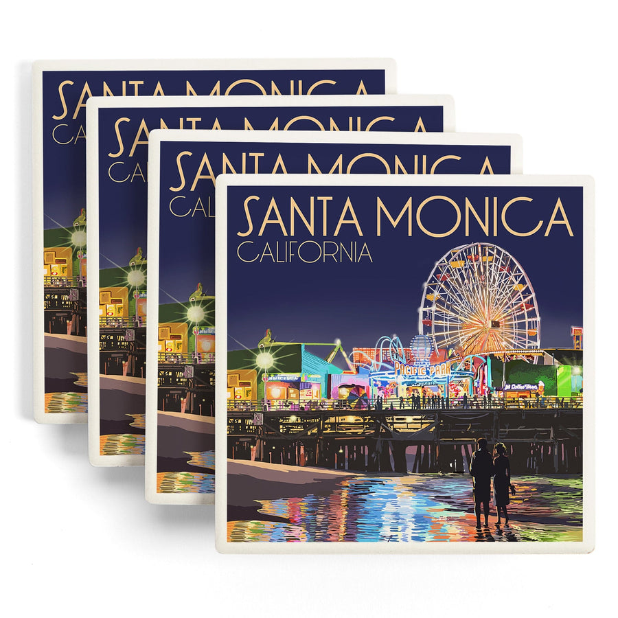 Santa Monica, California, Pier at Night, Lantern Press Artwork, Coaster Set Coasters Lantern Press 