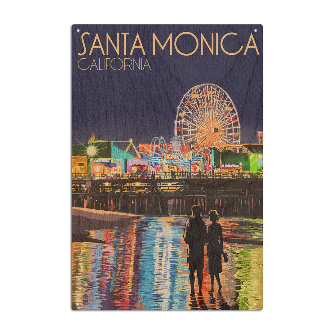 Santa Monica, California, Pier at Night, Lantern Press Artwork, Wood Signs and Postcards Wood Lantern Press 10 x 15 Wood Sign 