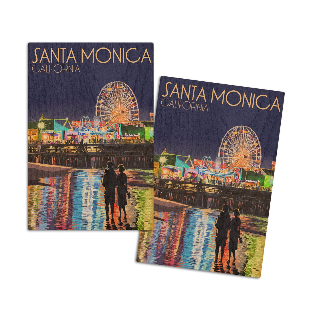 Santa Monica, California, Pier at Night, Lantern Press Artwork, Wood Signs and Postcards Wood Lantern Press 4x6 Wood Postcard Set 