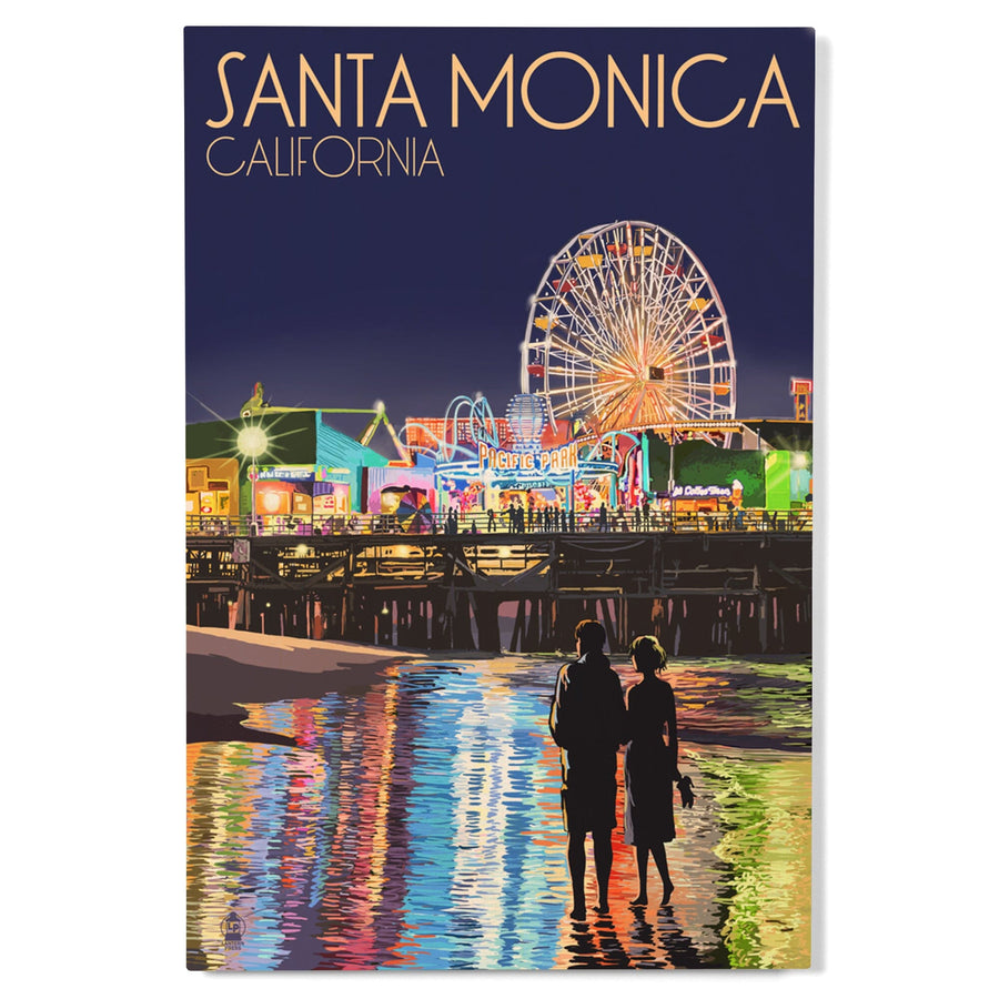 Santa Monica, California, Pier at Night, Lantern Press Artwork, Wood Signs and Postcards Wood Lantern Press 