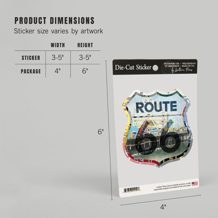 Santa Monica, California, Route 66 License Plates, Pier, Contour, Vinyl Sticker Sticker Lantern Press 