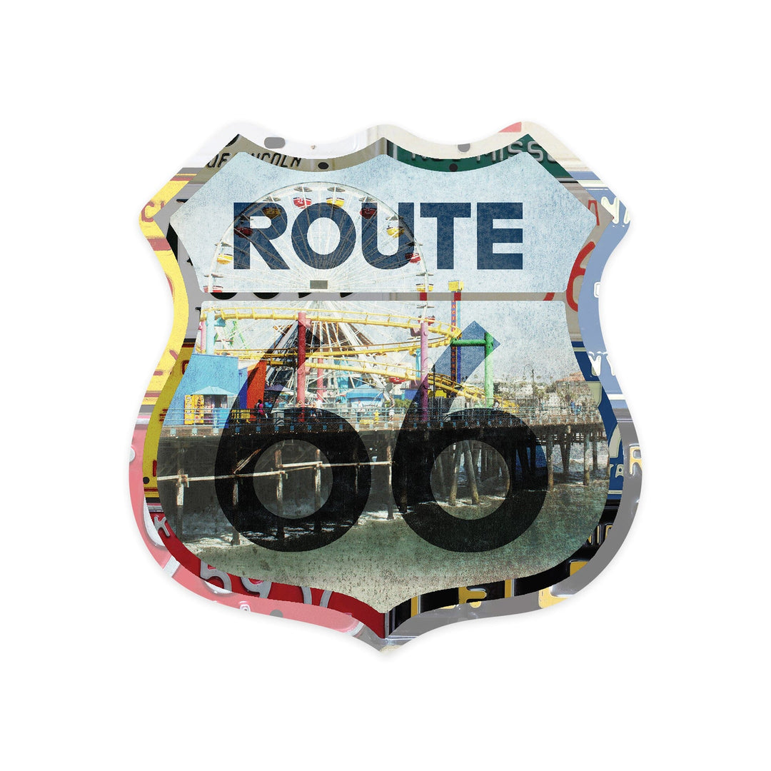 Santa Monica, California, Route 66 License Plates, Pier, Contour, Vinyl Sticker Sticker Lantern Press 