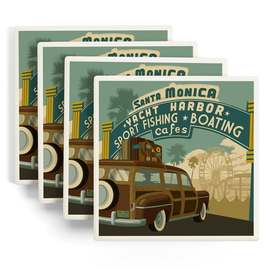 Santa Monica, California, Route 66, Pier Scene, Lantern Press Artwork, Coaster Set Coasters Lantern Press 