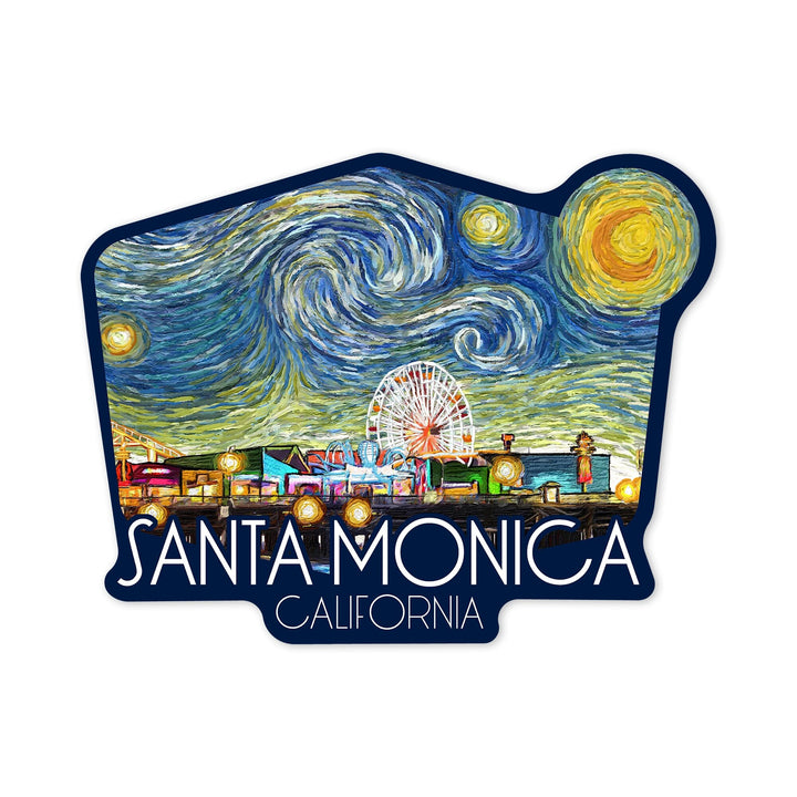 Santa Monica, California, Santa Monica Pier, Starry Night, Contour, Lantern Press Artwork, Vinyl Sticker Sticker Lantern Press 