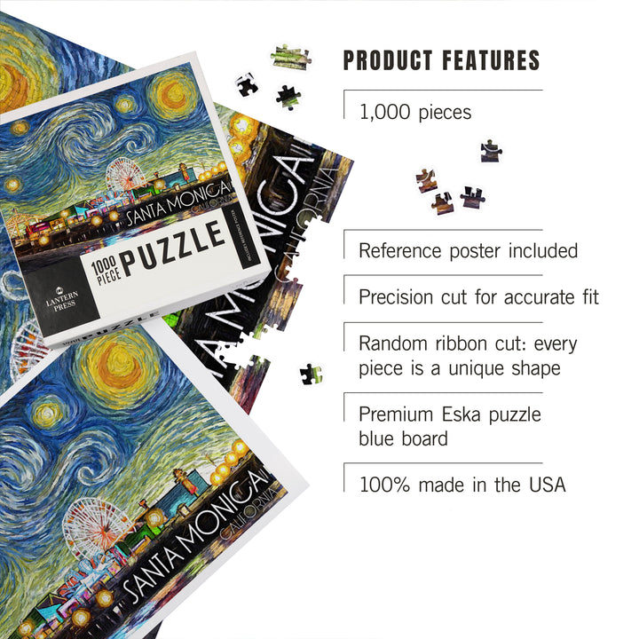 Santa Monica, California, Santa Monica Pier, Starry Night, Jigsaw Puzzle Puzzle Lantern Press 