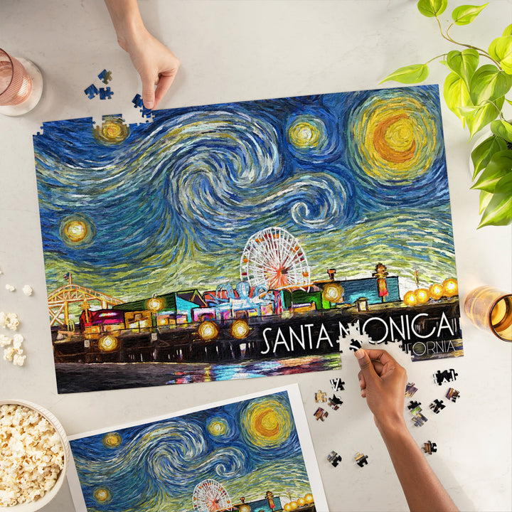 Santa Monica, California, Santa Monica Pier, Starry Night, Jigsaw Puzzle Puzzle Lantern Press 