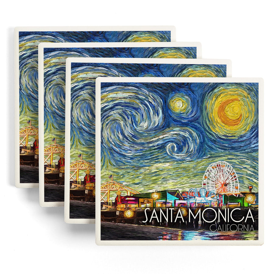 Santa Monica, California, Santa Monica Pier, Starry Night, Lantern Press Artwork, Coaster Set Coasters Lantern Press 