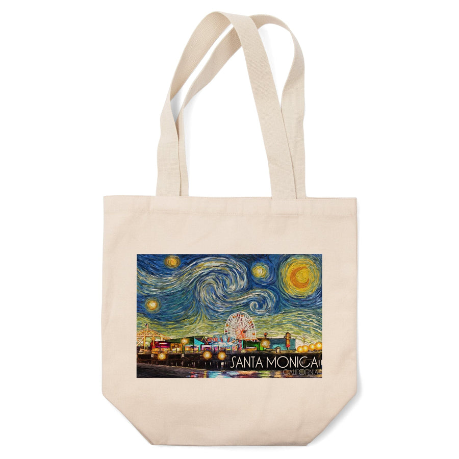 Santa Monica, California, Santa Monica Pier, Starry Night, Lantern Press Artwork, Tote Bag Totes Lantern Press 