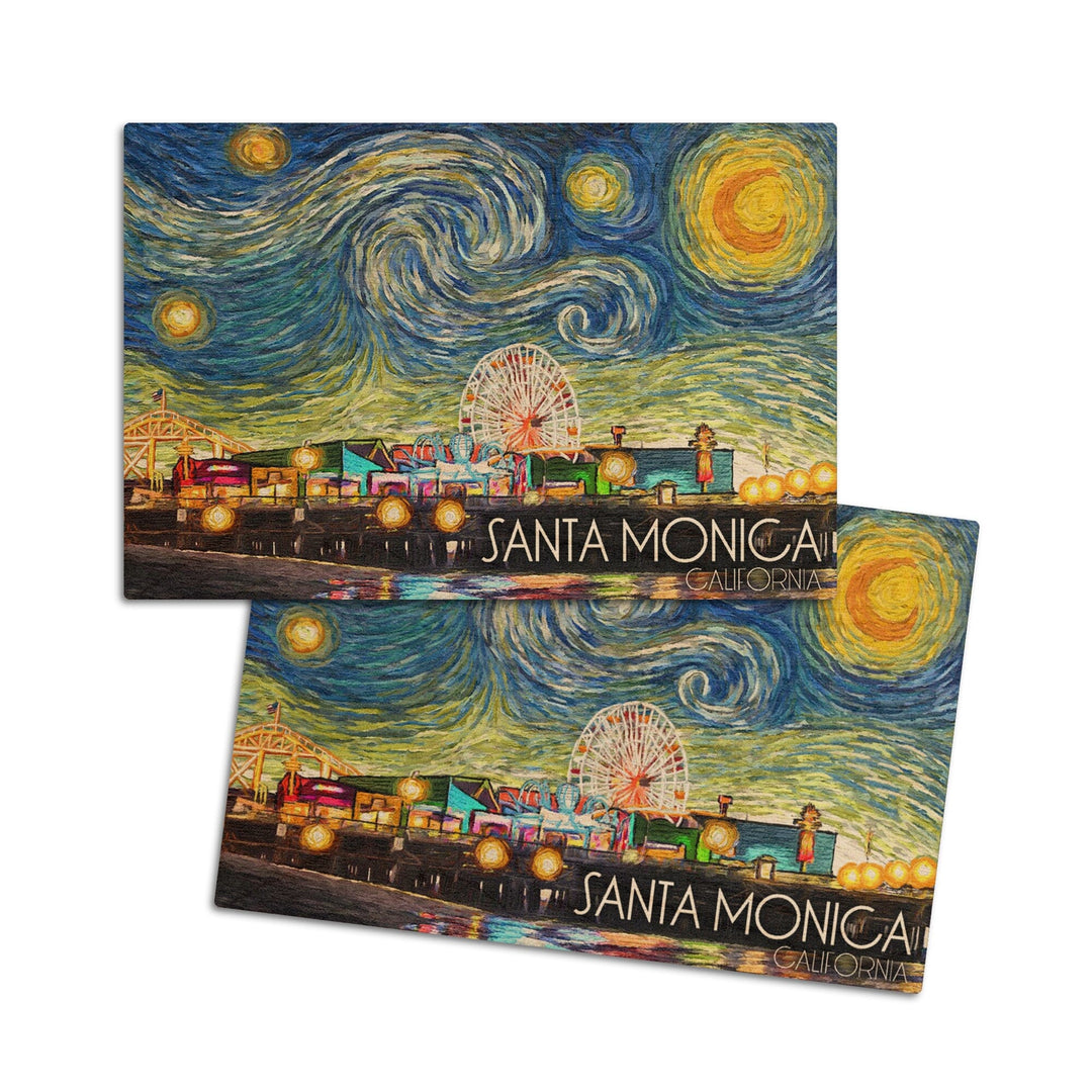 Santa Monica, California, Santa Monica Pier, Starry Night, Lantern Press Artwork, Wood Signs and Postcards Wood Lantern Press 4x6 Wood Postcard Set 