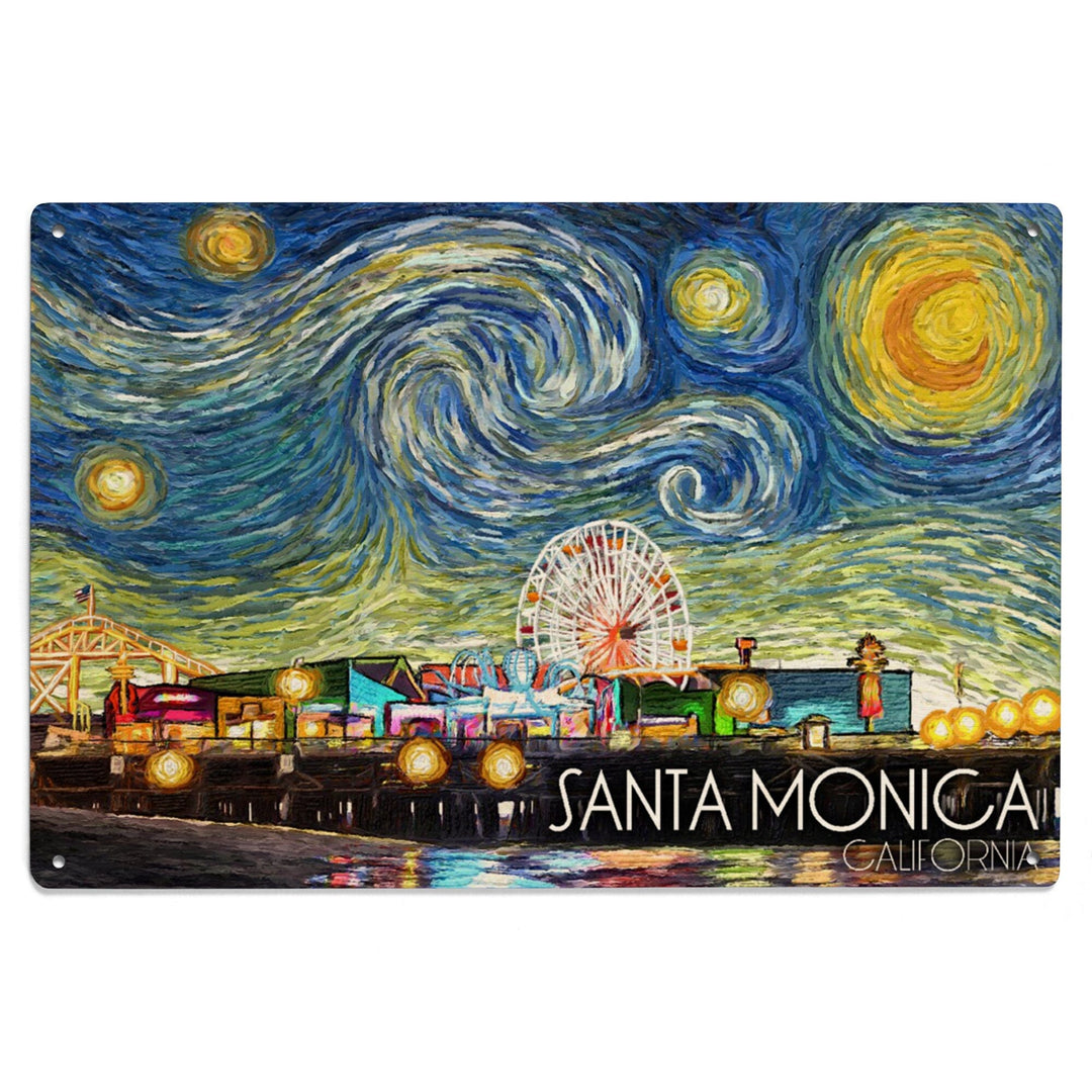 Santa Monica, California, Santa Monica Pier, Starry Night, Lantern Press Artwork, Wood Signs and Postcards Wood Lantern Press 