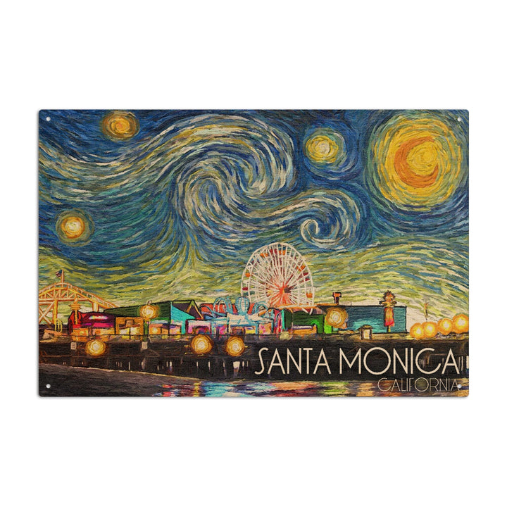 Santa Monica, California, Santa Monica Pier, Starry Night, Lantern Press Artwork, Wood Signs and Postcards Wood Lantern Press 6x9 Wood Sign 