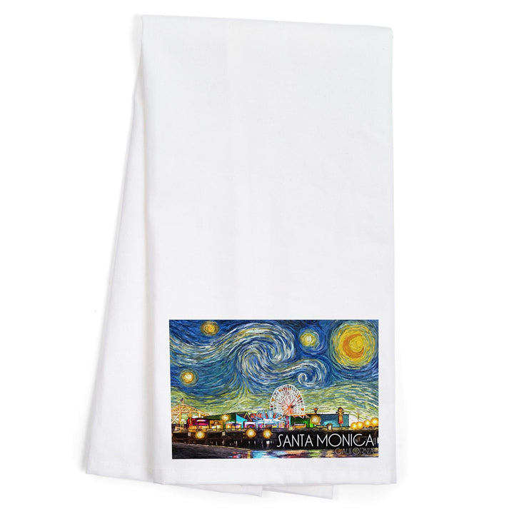 Santa Monica, California, Santa Monica Pier, Starry Night, Organic Cotton Kitchen Tea Towels Kitchen Lantern Press 