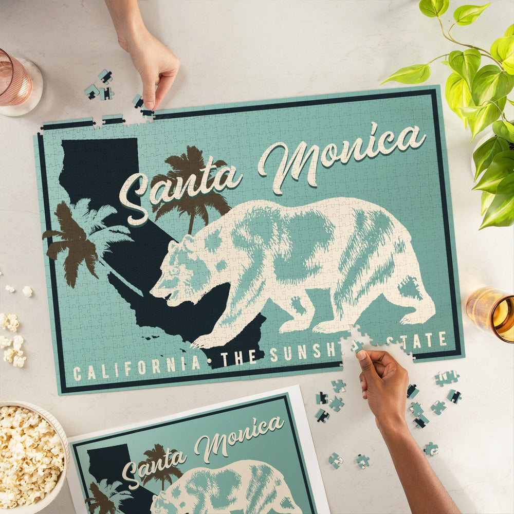 Santa Monica, California, State Bear on Blue, Jigsaw Puzzle Puzzle Lantern Press 