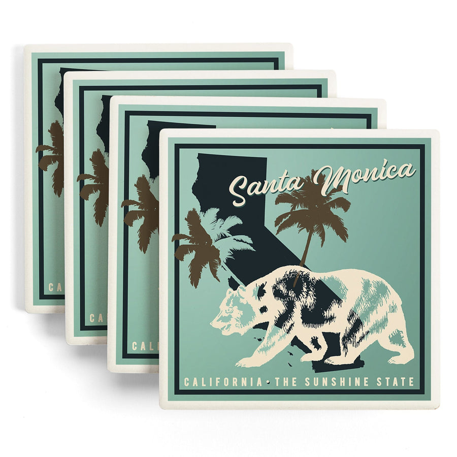 Santa Monica, California, State Bear on Blue, Lantern Press Artwork, Coaster Set Coasters Lantern Press 