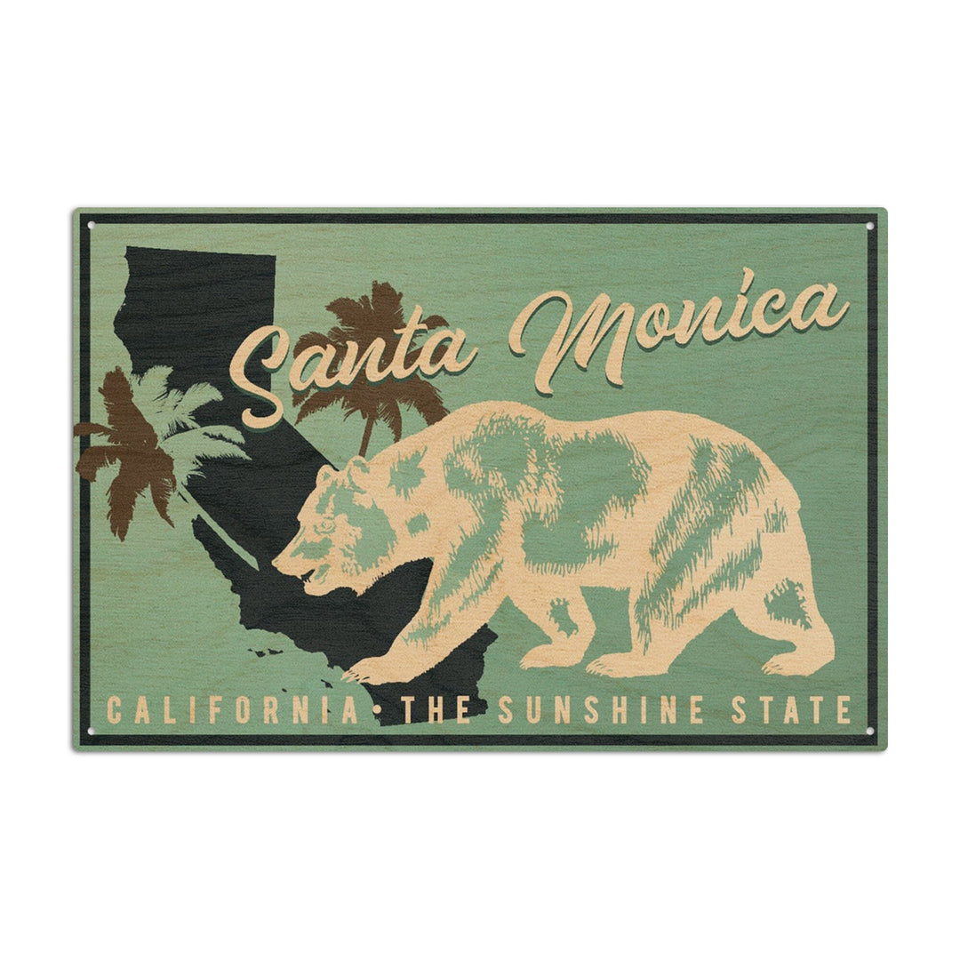 Santa Monica, California, State Bear on Blue, Lantern Press Artwork, Wood Signs and Postcards Wood Lantern Press 10 x 15 Wood Sign 