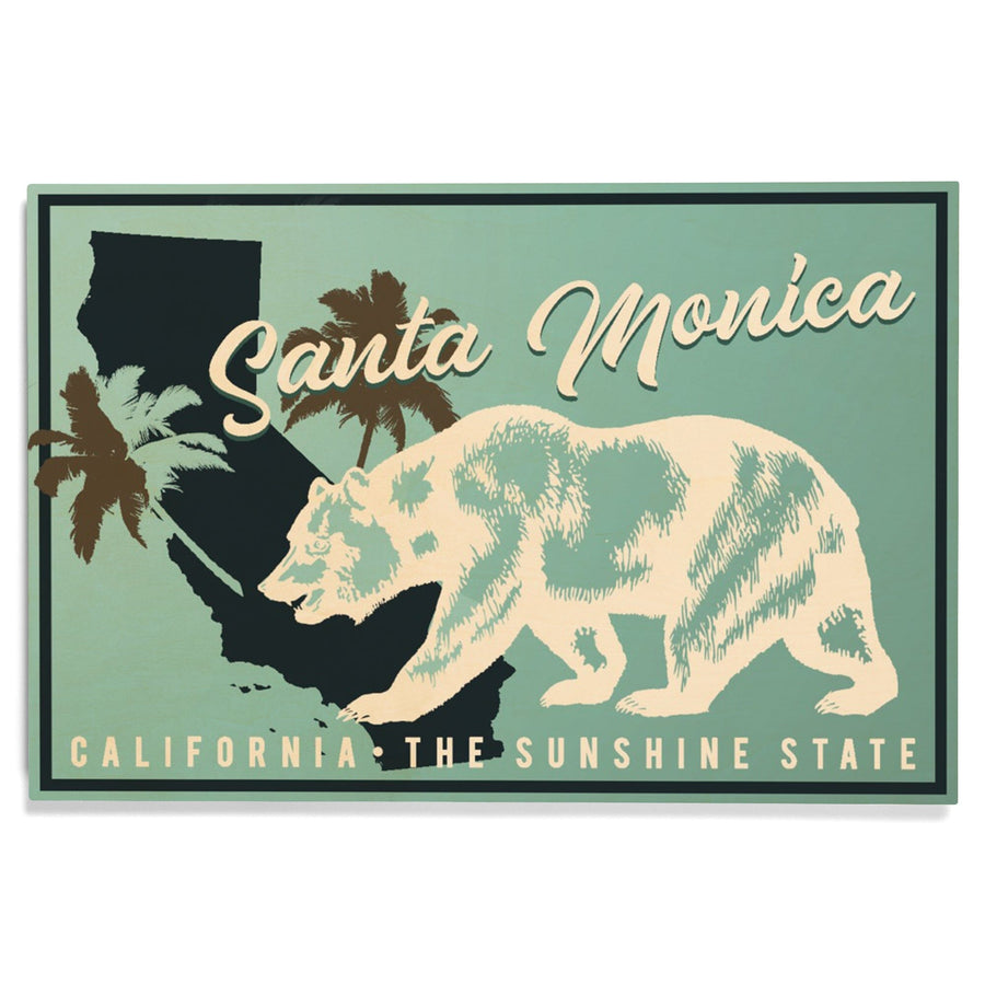 Santa Monica, California, State Bear on Blue, Lantern Press Artwork, Wood Signs and Postcards Wood Lantern Press 