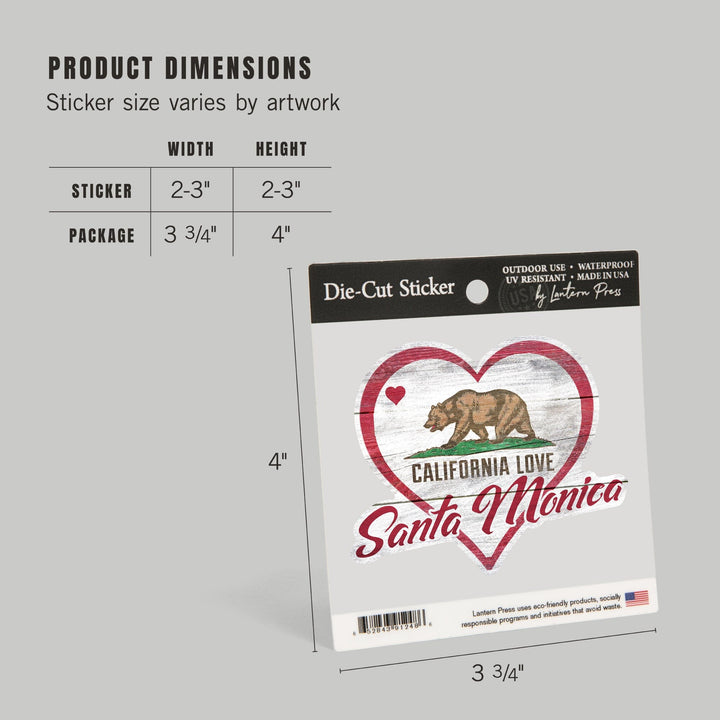 Santa Monica, California, State Bear with Heart, Contour, Vinyl Sticker Sticker Lantern Press 