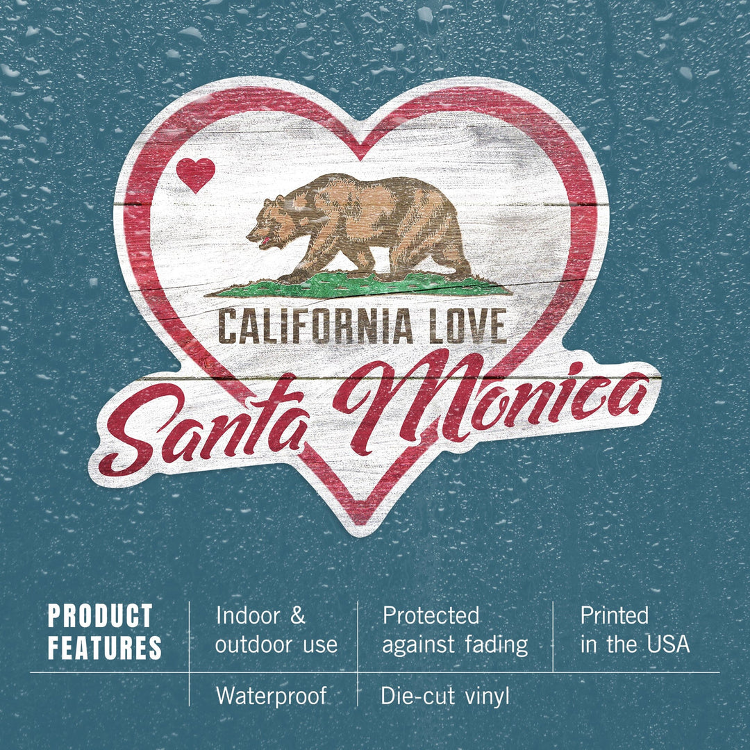 Santa Monica, California, State Bear with Heart, Contour, Vinyl Sticker Sticker Lantern Press 