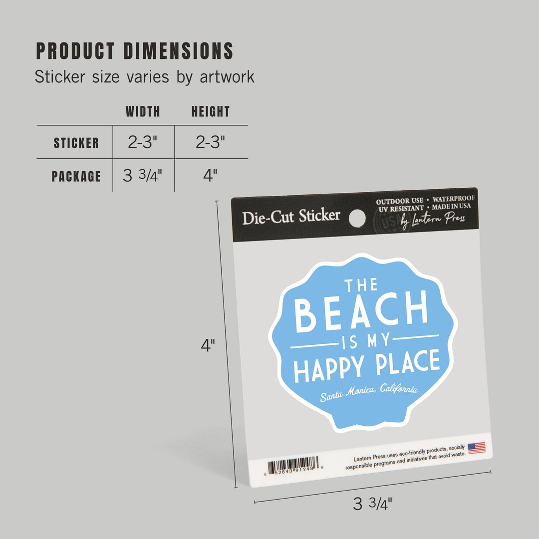 Santa Monica, California, The Beach is My Happy Place, Simply Said, Contour, Vinyl Sticker Sticker Lantern Press 