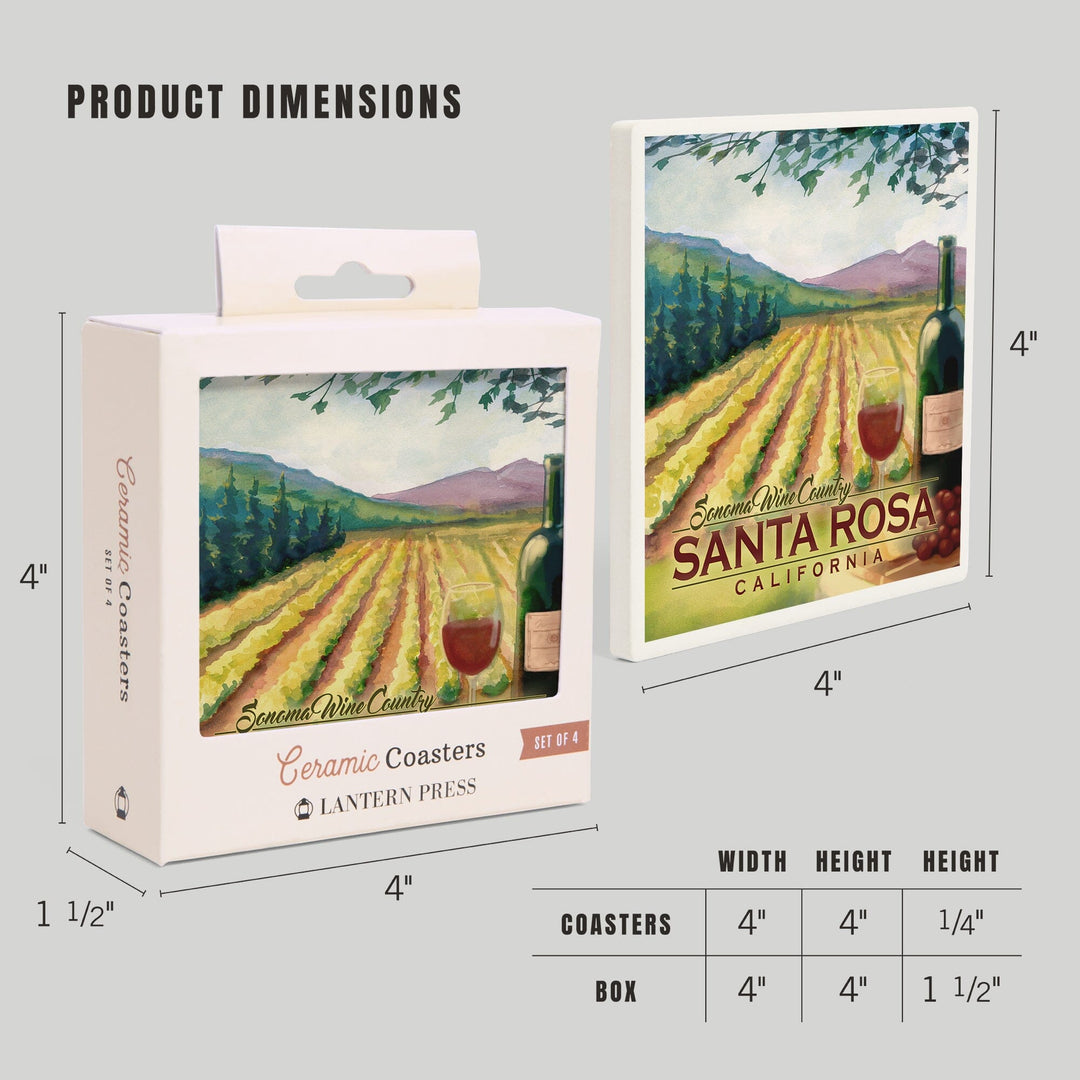 Santa Rosa, California, Sonoma County Wine Country, Lantern Press Artwork, Coaster Set Coasters Lantern Press 