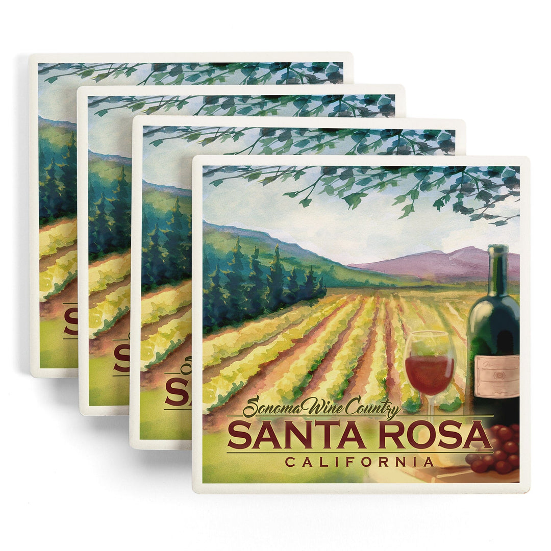 Santa Rosa, California, Sonoma County Wine Country, Lantern Press Artwork, Coaster Set Coasters Lantern Press 