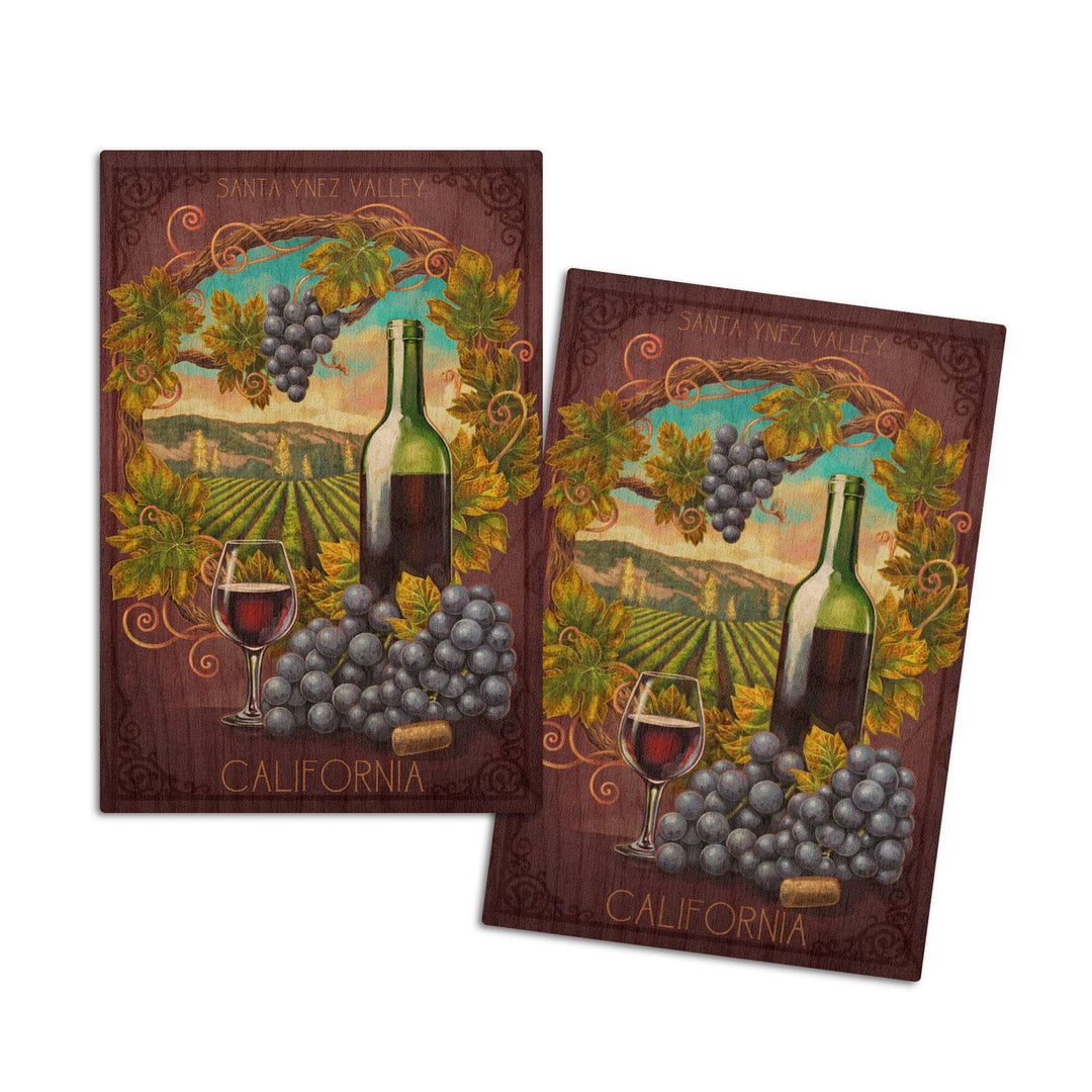 Santa Ynez Valley, California, Merlot Wine Scene, Lantern Press Artwork, Wood Signs and Postcards Wood Lantern Press 4x6 Wood Postcard Set 