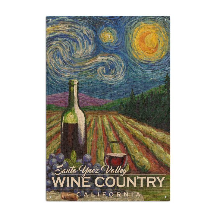 Santa Ynez Valley, California, Wine Country, Vineyard, Starry Night, Lantern Press Artwork, Wood Signs and Postcards Wood Lantern Press 10 x 15 Wood Sign 