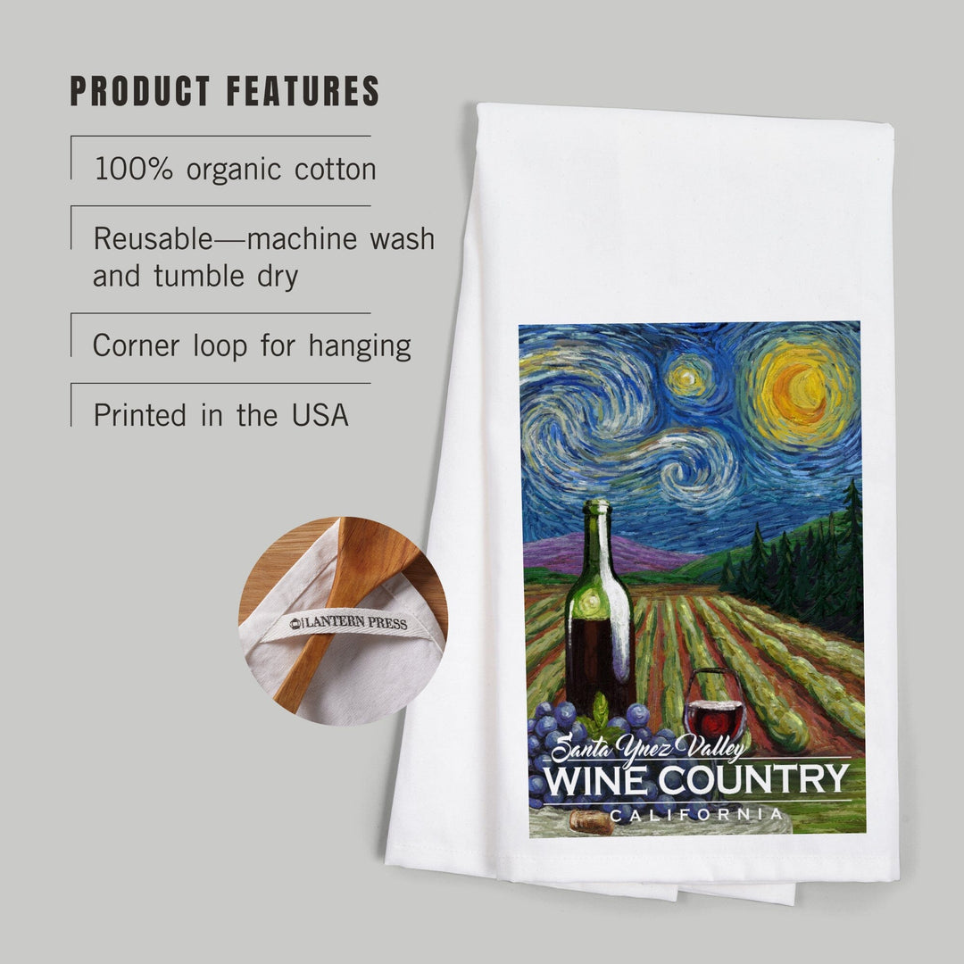 Santa Ynez Valley, California, Wine Country, Vineyard, Starry Night, Organic Cotton Kitchen Tea Towels Kitchen Lantern Press 