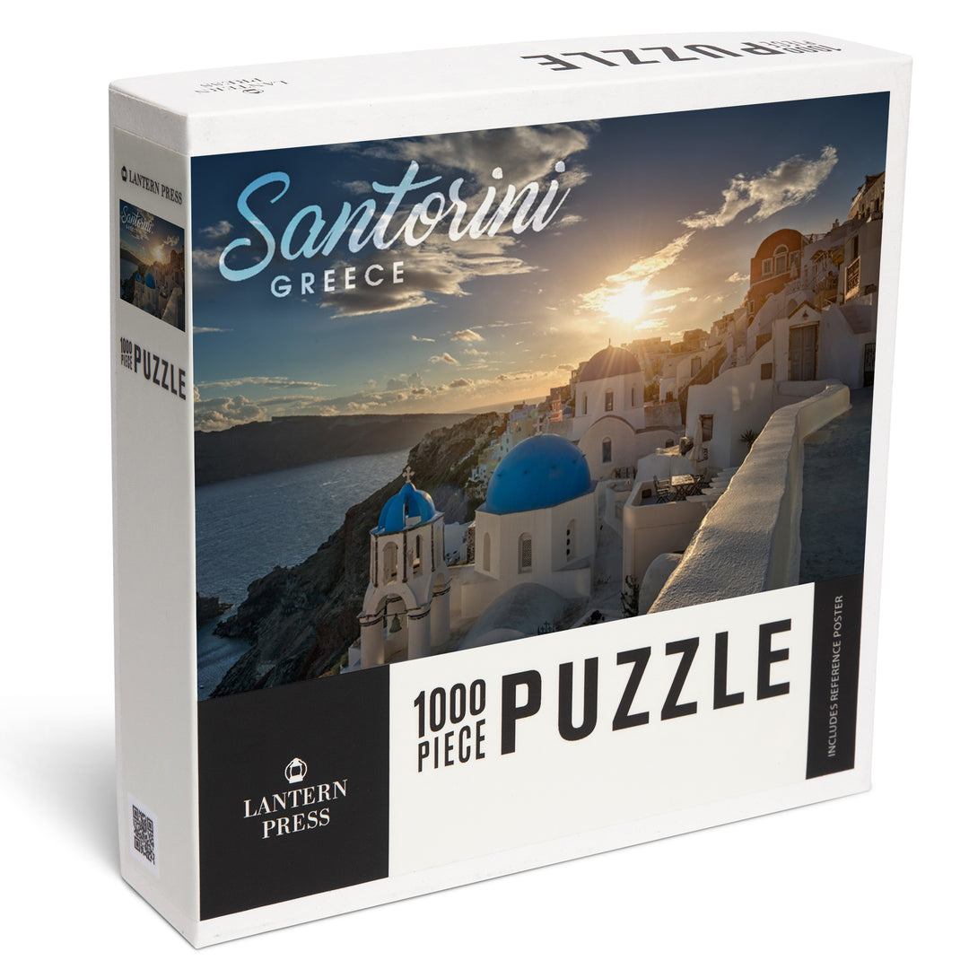 Santorini, Greece, Sunset and Coastal Town, Jigsaw Puzzle Puzzle Lantern Press 