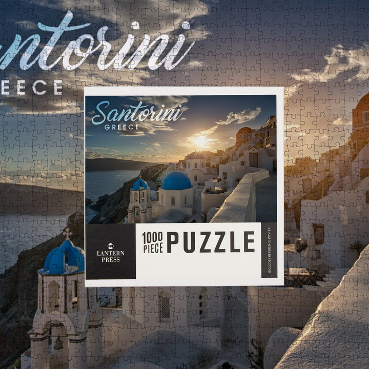 Santorini, Greece, Sunset and Coastal Town, Jigsaw Puzzle Puzzle Lantern Press 