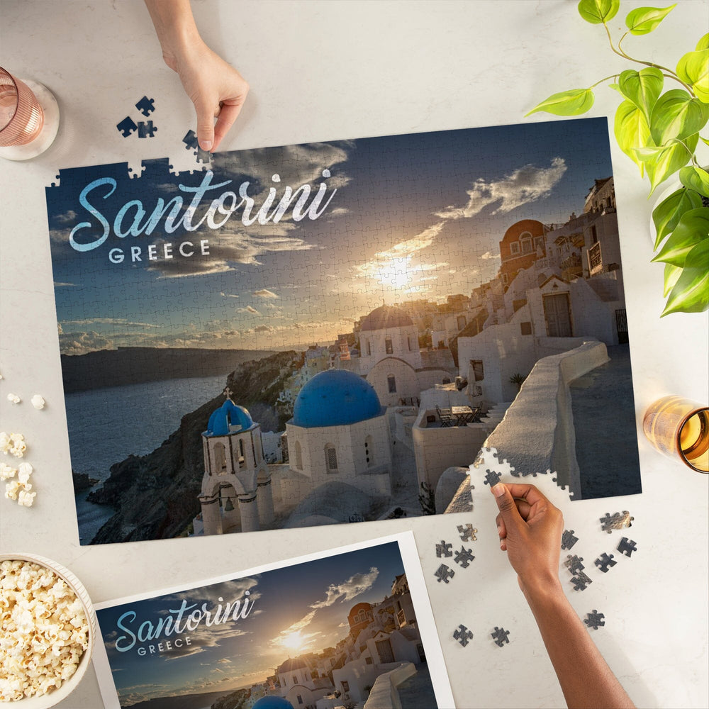 Santorini, Greece, Sunset and Coastal Town, Jigsaw Puzzle Puzzle Lantern Press 